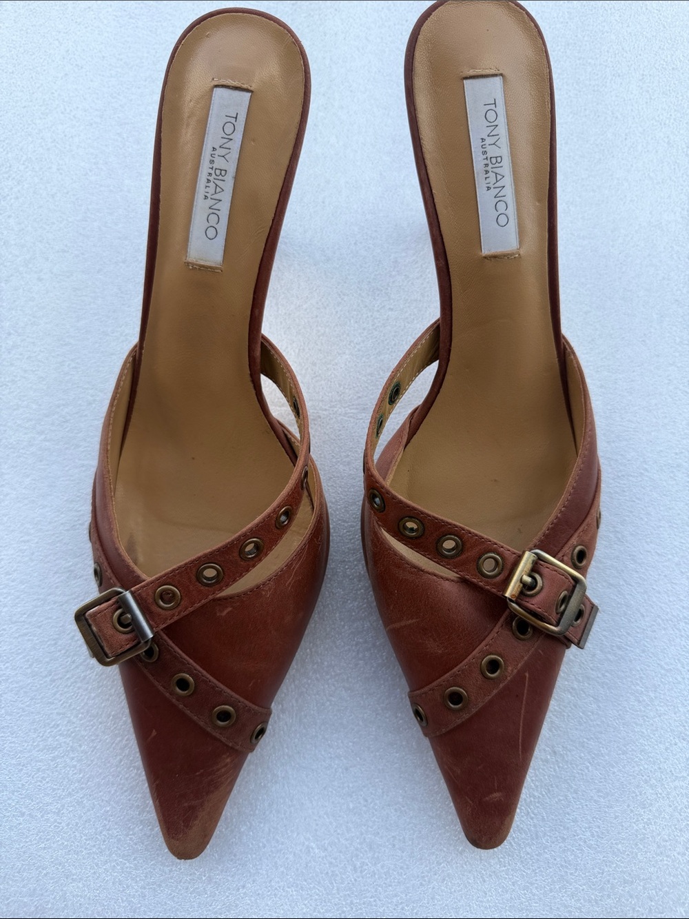 Tony Bianco Cognac Leather Pointed Mule with Buckle Detail